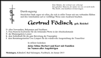 Traueranzeige von Gertrud Födisch von Südthüringer Presse