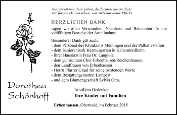 Traueranzeige von Dorothea Schönhoff von Südthüringer Presse
