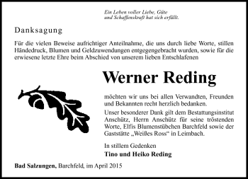 Traueranzeige von Werner Reding von Südthüringer Presse
