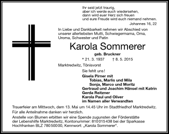 Traueranzeige von Karola Sommerer von Frankenpost