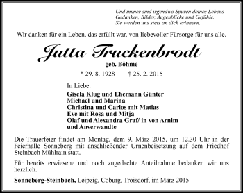 Traueranzeige von Jutta Truckenbrodt von Südthüringer Presse