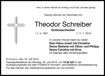 Traueranzeige von Theodor Schreiber von Neue Presse Coburg