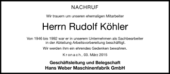 Traueranzeige von Rudolf Köhler von Neue Presse Coburg