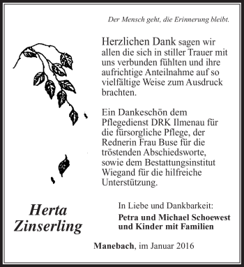 Traueranzeige von Herta Zinserling von Südthüringer Presse