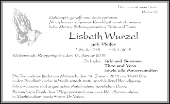 Traueranzeige von Lisbeth Wurzel von 23320