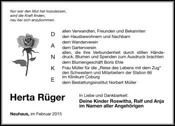 Traueranzeige von Herta Rüger von Südthüringer Presse