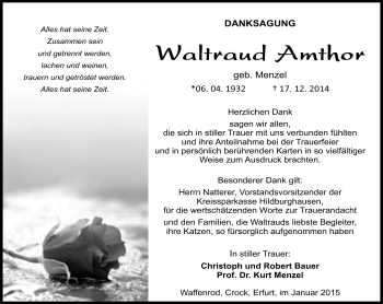 Traueranzeige von Waltraud Amthor von Südthüringer Presse