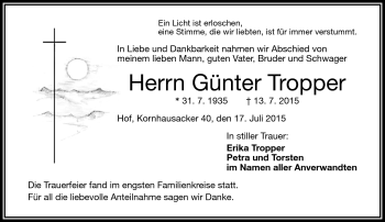 Traueranzeige von Günter Tropper von Frankenpost