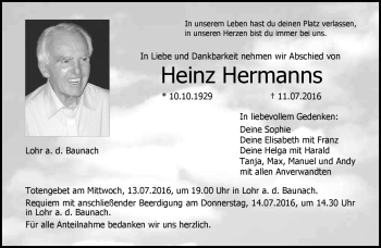 Traueranzeige von Heinz Hermanns von Neue Presse Coburg