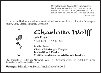 Traueranzeige von Charlotte Wolff von Südthüringer Presse