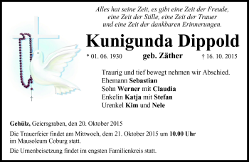 Traueranzeige von Kunigunda Dippold von Neue Presse Coburg