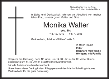 Traueranzeige von Monika Walter von Frankenpost