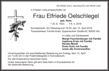 Traueranzeige von Elfriede Oelschlegel von Frankenpost