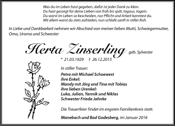 Traueranzeige von Herta Zinserling von Südthüringer Presse