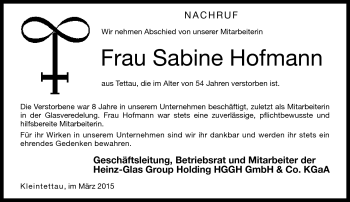 Traueranzeige von Sabine Hofmann von Neue Presse Coburg