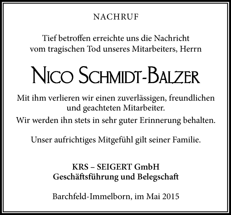  Traueranzeige für Nico Schmidt-Balzer vom 23.05.2015 aus Südthüringer Presse