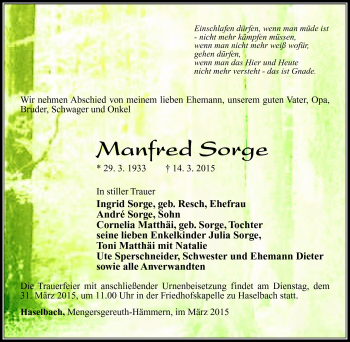 Traueranzeige von Manfred Sorge von Südthüringer Presse