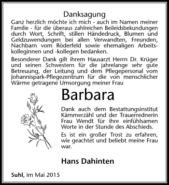 Traueranzeige von Barbara Dahinten von Südthüringer Presse