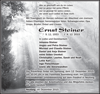 Traueranzeige von Ernst Steiner von Südthüringer Presse