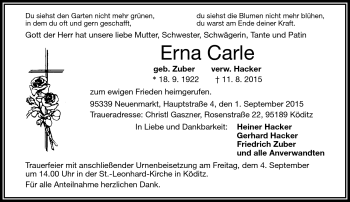 Traueranzeige von Erna Carle von Frankenpost