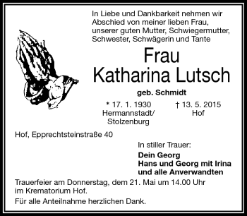 Traueranzeige von Katharina Lutsch von Frankenpost