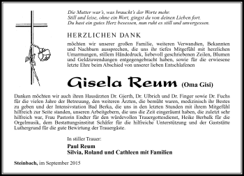 Traueranzeige von Gisela Reum von Südthüringer Presse