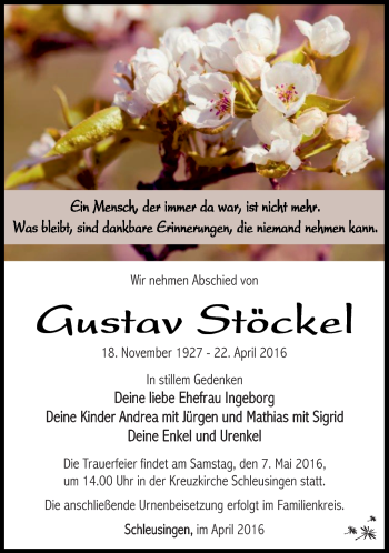 Traueranzeige von Gustav Stöckel von Südthüringer Presse
