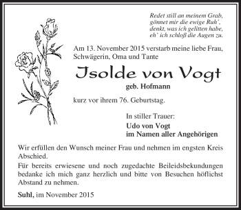 Traueranzeige von Ilse von Vogt von Südthüringer Presse