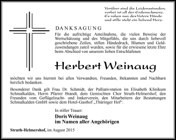 Traueranzeige von Herbert WEinaug von Südthüringer Presse