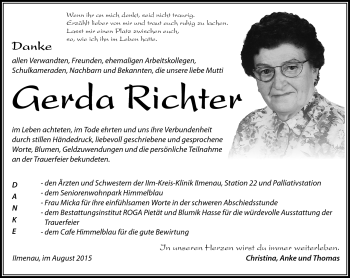 Traueranzeige von Gerda Richter von Südthüringer Presse