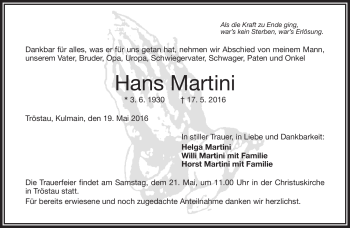 Traueranzeige von Hans Martini von Frankenpost