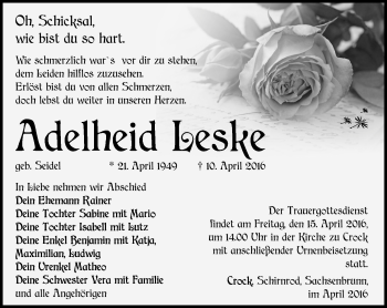 Traueranzeige von Adelheid Leske von Südthüringer Presse