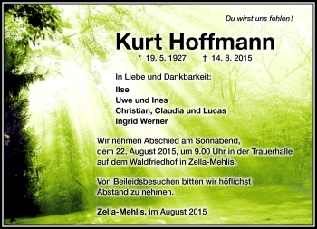 Traueranzeige von Kurt Hoffmann von Südthüringer Presse