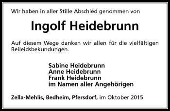 Traueranzeige von Ingolf Heidebrunn von Südthüringer Presse