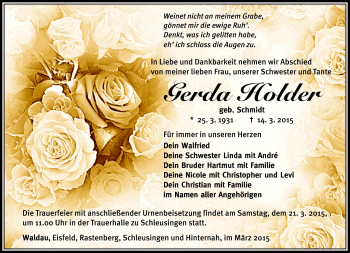 Traueranzeige von Gerda Holder von Südthüringer Presse