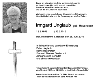 Traueranzeige von Irmgard Unglaub von Frankenpost
