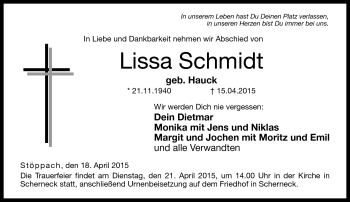Traueranzeige von Lissa Schmidt von Neue Presse Coburg