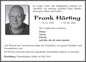 Traueranzeige von Frank Härting von Südthüringer Presse