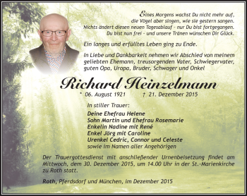 Traueranzeige von Richard Heinzelmann von Südthüringer Presse