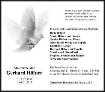Traueranzeige von Gerhard Höfner von Südthüringer Presse
