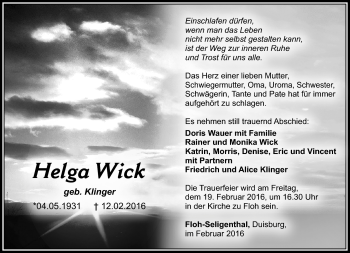 Traueranzeige von Helga Wick von Südthüringer Presse