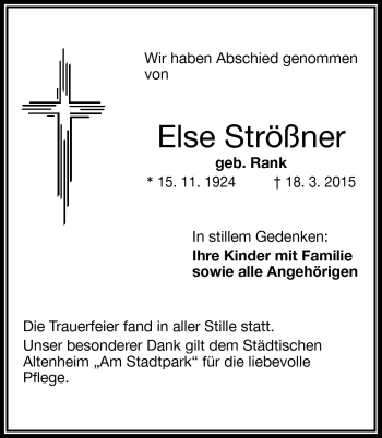 Traueranzeige von Else Strößner von Frankenpost