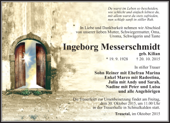 Traueranzeige von Ingeborg Messerschmidt von Südthüringer Presse