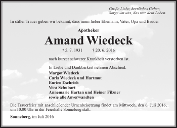Traueranzeige von Amand Wiedeck von Südthüringer Presse