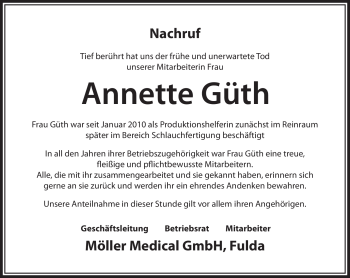 Traueranzeige von Annette Güth von Südthüringer Presse