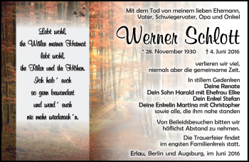 Traueranzeige von Werner Schlott von Südthüringer Presse