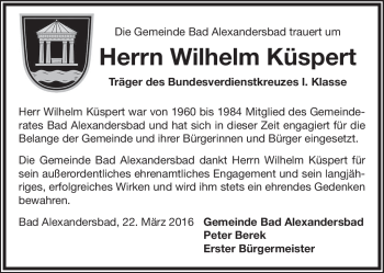Traueranzeige von Wilhelm Küspert von Frankenpost