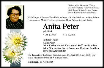 Traueranzeige von Anita Peter von Südthüringer Presse