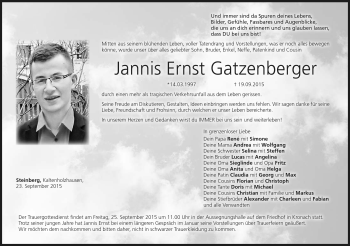 Traueranzeige von Jannis Ernst Gatzenberger von Neue Presse Coburg