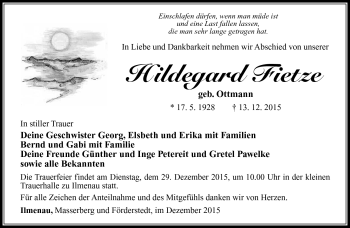 Traueranzeige von Hildegard Fietze von Südthüringer Presse
